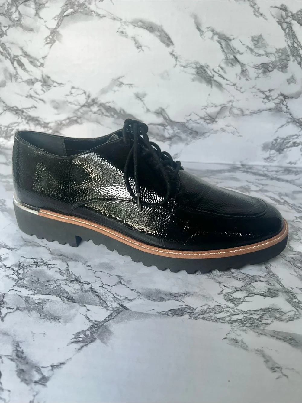 Franco Sarto Charles Black Patent Derby Lug Sole Shoe 11 Preppy Quiet Luxury